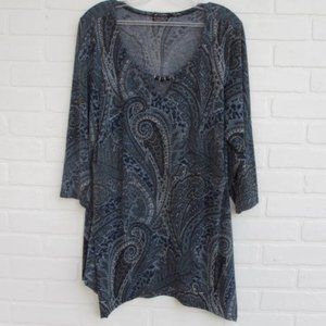 Clientele Navy Teal Grey Paisley Silky Beaded Keyhole Tunic 3/4 Sleeve Blouse XL
